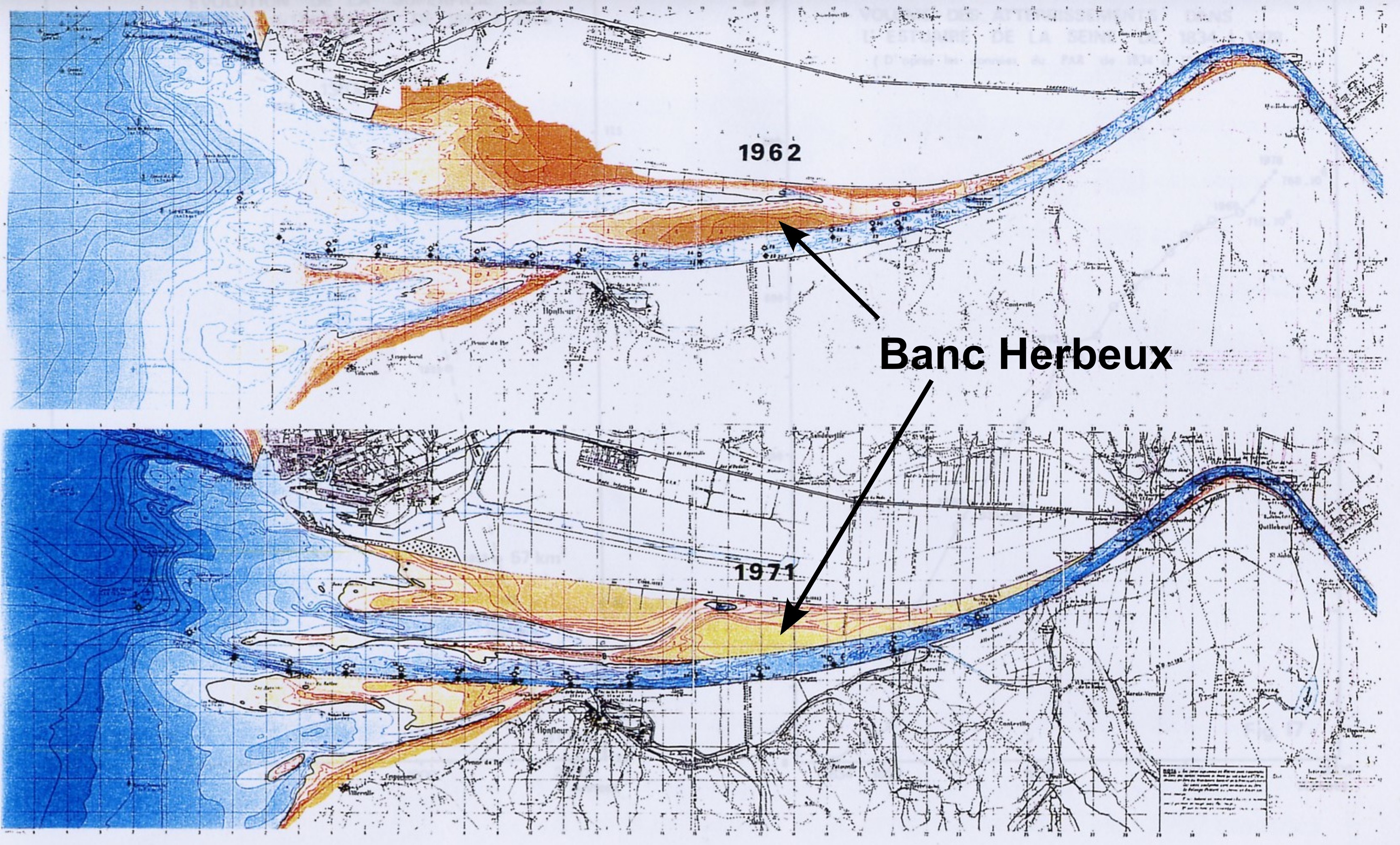 Plans de la bathymétrie de l'estuaire de la Seine en 1962 et 1971